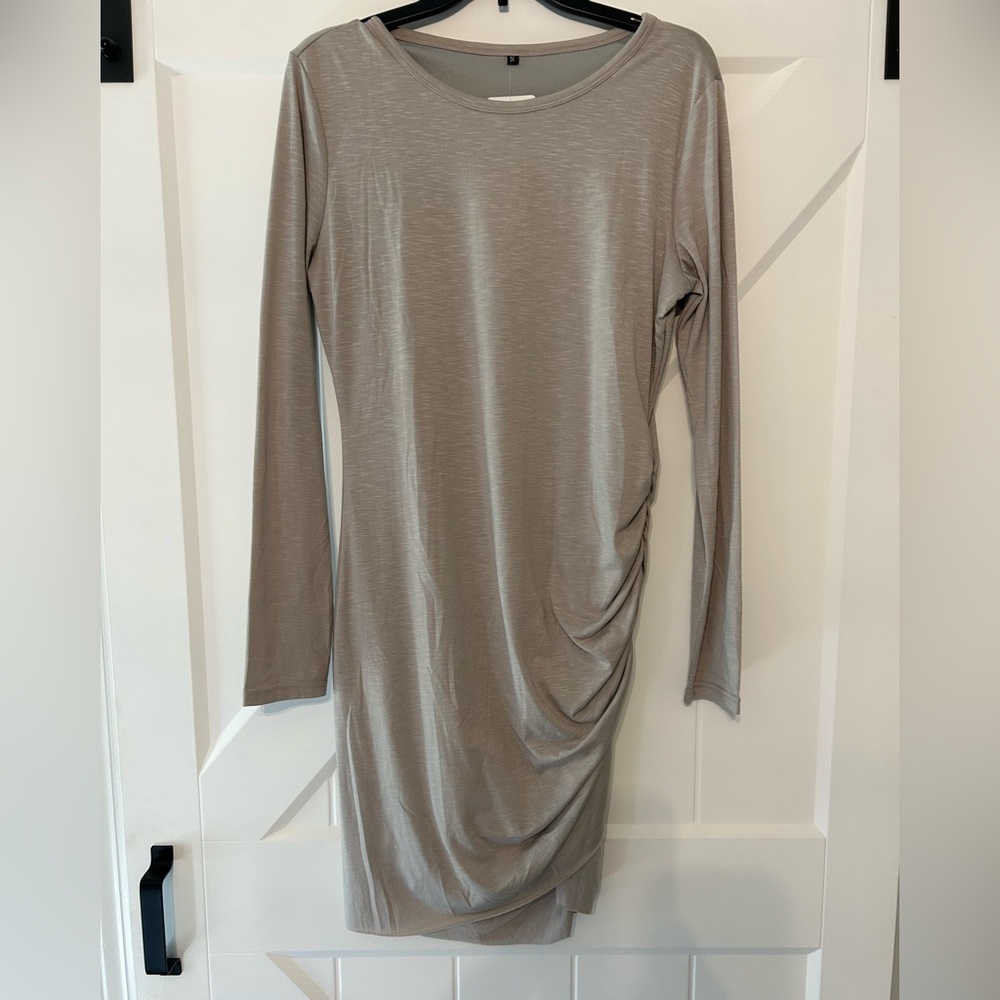 Taupe Ruched Side Long Sleeve Dress